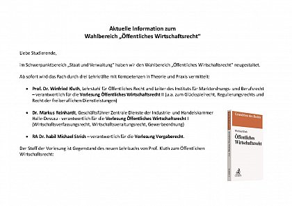 Aktuelle Information zum
Wahlbereich „Öffentliches Wirtschaftsrecht“